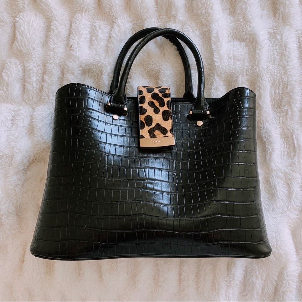 DUNE LONDON Black Leather & Leopard Print Handbag